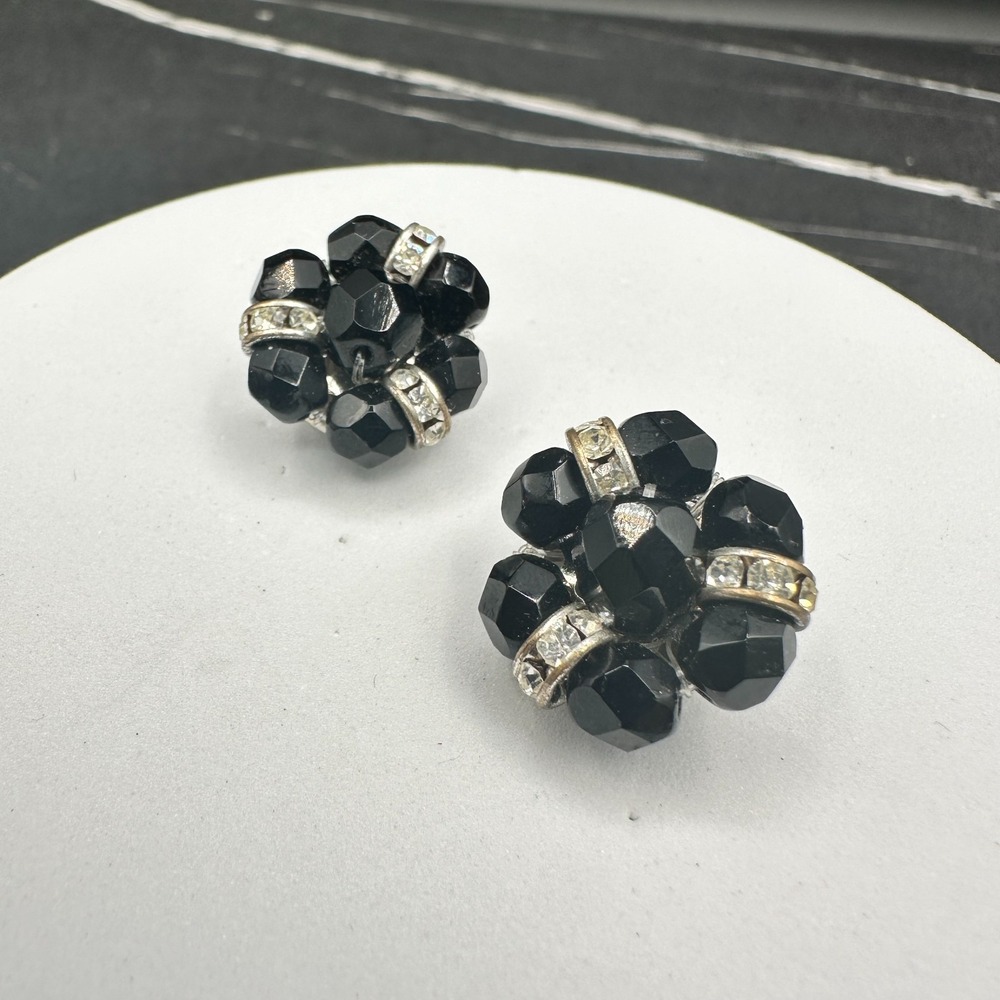Vintage Black Bead Cluster Clip On Earrings Silver Tone Rhinestone Spacer Womens - Picture 4 of 10